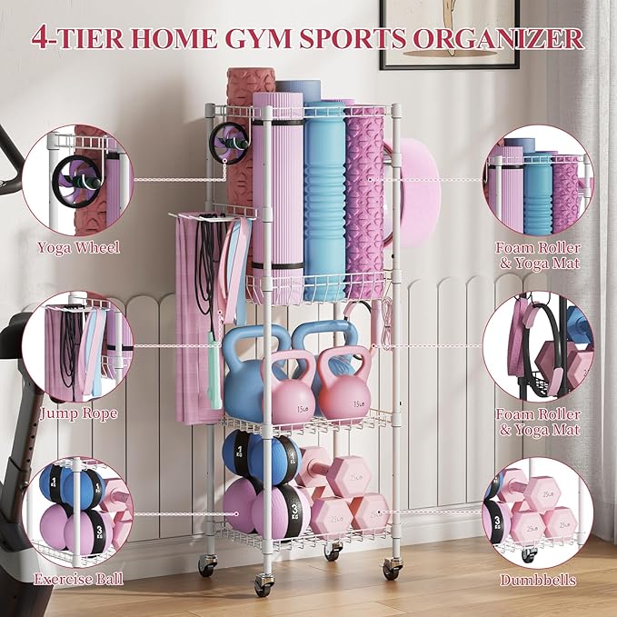 VOPEAK Home Gym Storage Rack with Wheels, Yoga Mat Storage Organizer for Kettlebells, Dumbbells, Resistance Bands, Space Saving 3-Tier Weight Rack for Home Gym, Garage, Easy to Install