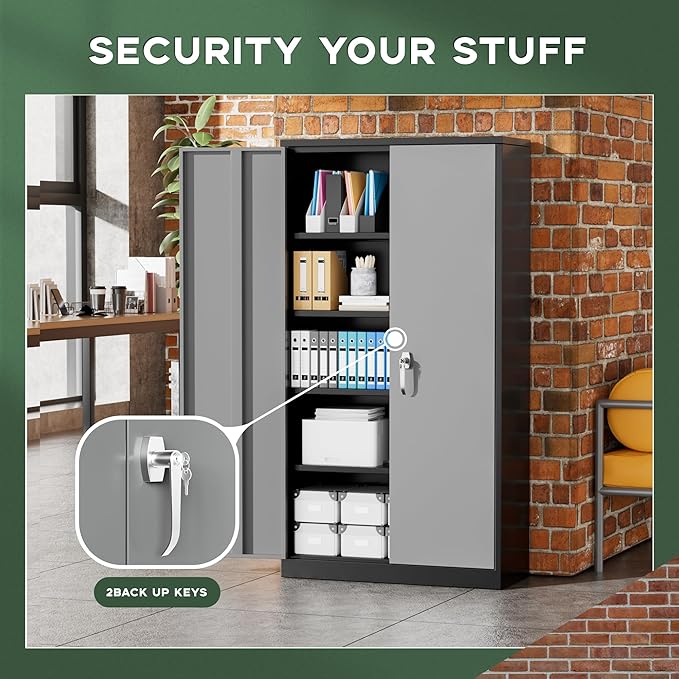 Greenvelly Metal Garage Storage Cabinet, 72" Black Gray Tool Steel Locking Cabinet with Doors and 4 Shelves, Tall Cabinets for Garage Storage Systems Lockable File Cabinet for Home Office,Garage