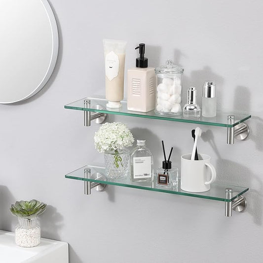 KES Glass Shelf for Bathroom, Floating Glass Shelves for Wall, 20 Inch Tempered Glass Shelf 2 Pack with Rustproof Stainless Steel Brackets Wall Mounted Brushed Finish, A2021-2-P2
