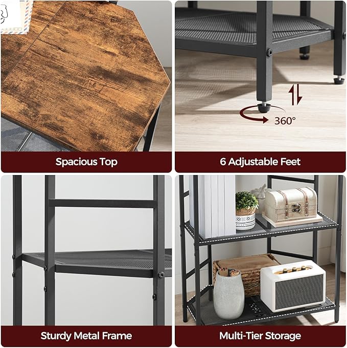 Corner Printer Stand with Charging Station, 3-Tier Large Printer Table with Adjustable Feet, Metal Frame Storage Shelf for Office, Living Room, Small Space, Rustic Brown PTHR14E01