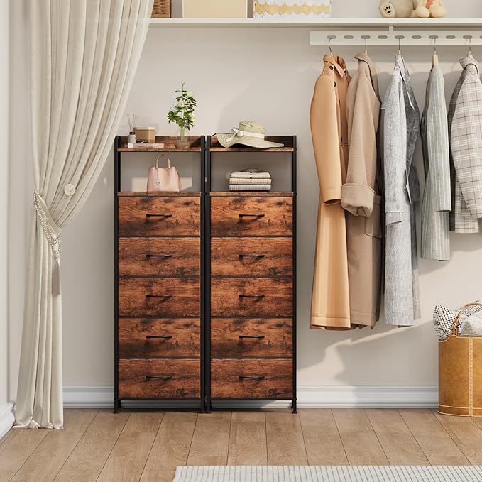 Somdot Tall Night Stand for Bedroom,Tall 5 Drawers Dresser, Vertical Storage Tower Unit, Nightstand Furniture with Fabric Drawer Organizer in Bedside Kids Room, Laundry Entryway, Wood Grain Print