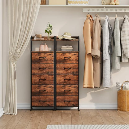 Somdot Tall Night Stand for Bedroom,Tall 5 Drawers Dresser, Vertical Storage Tower Unit, Nightstand Furniture with Fabric Drawer Organizer in Bedside Kids Room, Laundry Entryway, Wood Grain Print
