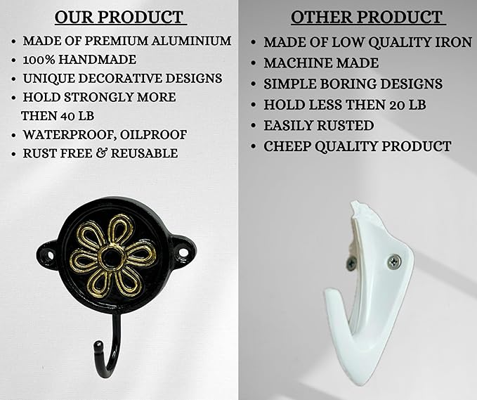 Aluminium Flower Print (1-Pack) Single Wall Hooks, Black Themed Hooks for Hanging Leash-Wall Mount Hanger, Organization Decorative Wall Hook (Flower)