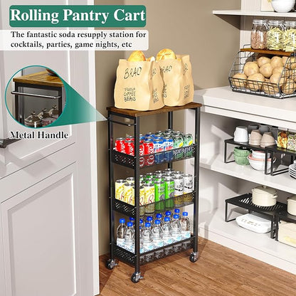 Utility Slim Storage Cart, 4-Tier Narrow Bathroom Organizer and Storage Cart, Metal Narrow Kitchen Laundry Room Organization Rack with Wood Top, Slim Rolling Shelf with Wheels for Small Space
