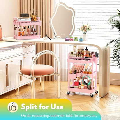 Makeup Cart Organizer with Drawers, Floor Skincare Organizers Vanity Storage Organizer, Rolling Makeup Bathroom Storage Cart Cosmetics Display Cases for Skin Care Perfume Nail Polish, Pink