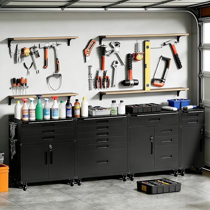Metal Garage Storage Cabinet on Wheels, Lockable Rolling Tool Cabinet with Doors and 2 Drawers, Heavy Duty Mobile Steel Cabinet for Garage Warehouse Workshop