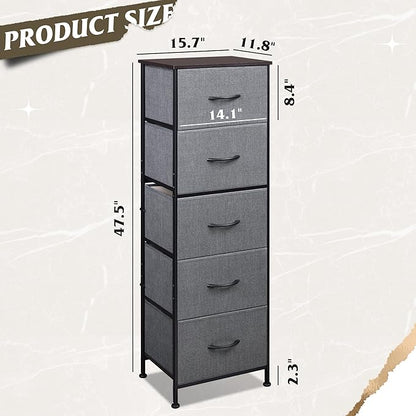 WLIVE Fabric Dresser, 5-Drawer Tall Dressers for Bedroom, Storage Dresser Organizer with Fabric Bins, Wood Top, Sturdy Steel Frame, Chest of Drawers for Closet, Hallway, Dark Grey
