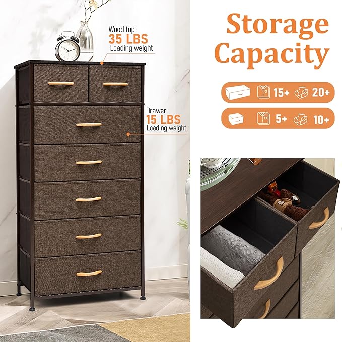 Tall Dressers for Bedroom, 7 Drawers Dresser Fabric Storage Closets Storage Units Organizer Tower Steel Frame Wooden Top for Bedroom, Hallway,Nursery, Entryway(Dark Brown)