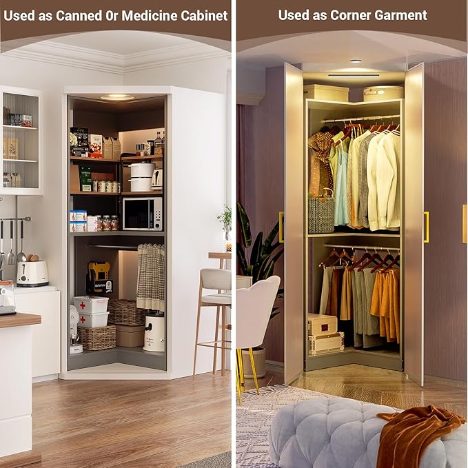 Armocity Corner Closet System, 32 Inches Wide Wood Corner Unit with 2 Hanging Rods and All Hardware Kits, 3-Tier 80'' Height Corner Wood Closet Tower, Grey