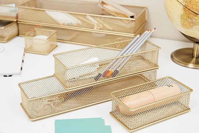 Annova Mesh Stackable Drawer Cabinet and Shelf Organizer Bins Storage Basket School Office Supply Holder Tray- Set of 2 (Gold, 3x9x2 Inch)
