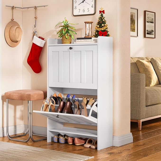 Gizoon Shoe Cabinet with 2 Flip Drawers, Slim Shoe Storage Cabinet for Entryway, Freestanding Narrow Rack with Open Storage, for Hallway, White