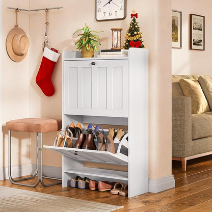 Gizoon Shoe Cabinet with 2 Flip Drawers, Slim Shoe Storage Cabinet for Entryway, Freestanding Narrow Rack with Open Storage, for Hallway, White