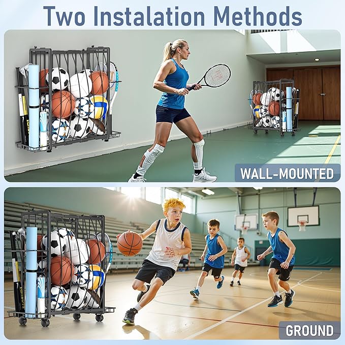 Sports Equipment Garage Organizer,Garage Ball Storage Rack for Sports with Wheels-Upgraded Sports Organizer Rack Outdoor Basketball Racks for Balls with Holder and Hooks (Deep Black)