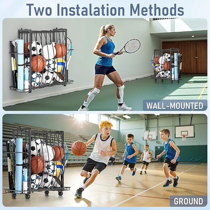 Sports Equipment Garage Organizer,Garage Ball Storage Rack for Sports with Wheels-Upgraded Sports Organizer Rack Outdoor Basketball Racks for Balls with Holder and Hooks (Deep Black)