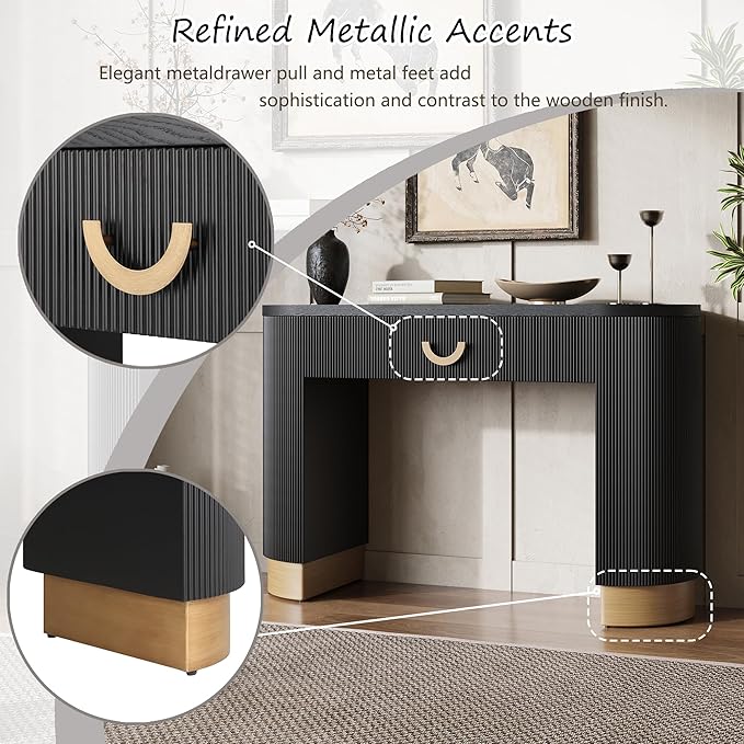 47.7" Modern Console Table with Vertical Ribbed Design,Compact Storage with Functional Drawer,Black