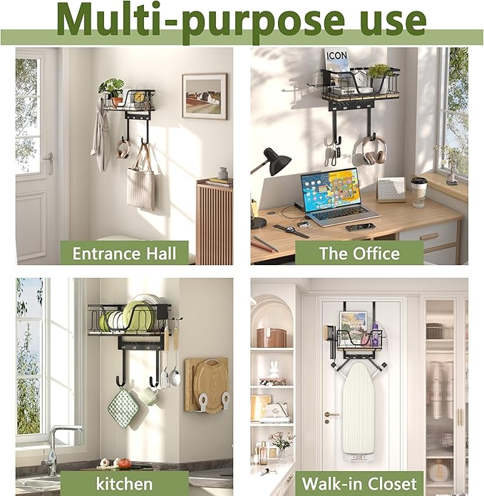 Ironing Board Hanger, CUFURNIX 2-in-1 Wall-Mount & Over-Door with Large Basket & Side Hooks, Black, Fits T&Y Shaped Legs, Space Saving Iron Holder for Laundry, Sewing Room Decor and Accessories
