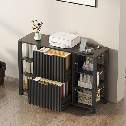 File Cabinet for Home Office, Fluted Filing Cabinet with Charging Station, 2 Drawers Fit Letter/Legal/A4 with Tabs, Printer Stand with Lock & 2 Power Outlets, 6 Shelves (1, Black)