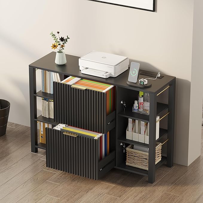 File Cabinet for Home Office, Fluted Filing Cabinet with Charging Station, 2 Drawers Fit Letter/Legal/A4 with Tabs, Printer Stand with Lock & 2 Power Outlets, 6 Shelves (2, Black)