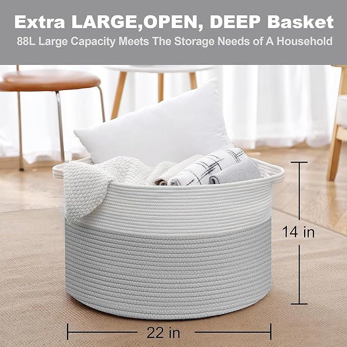 XXXL Large Cotton Rope Storage Bin, 22" X 14" Basket for Blankets Living Room, Woven Baby Kids Toy Storage Bin Box, Giant Throw Pillow Organizer Holder, Large Wicker Basket for Shoes, Gray