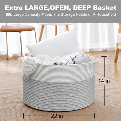XXXL Large Cotton Rope Storage Bin, 22" X 14" Basket for Blankets Living Room, Woven Baby Kids Toy Storage Bin Box, Giant Throw Pillow Organizer Holder, Large Wicker Basket for Shoes, Gray