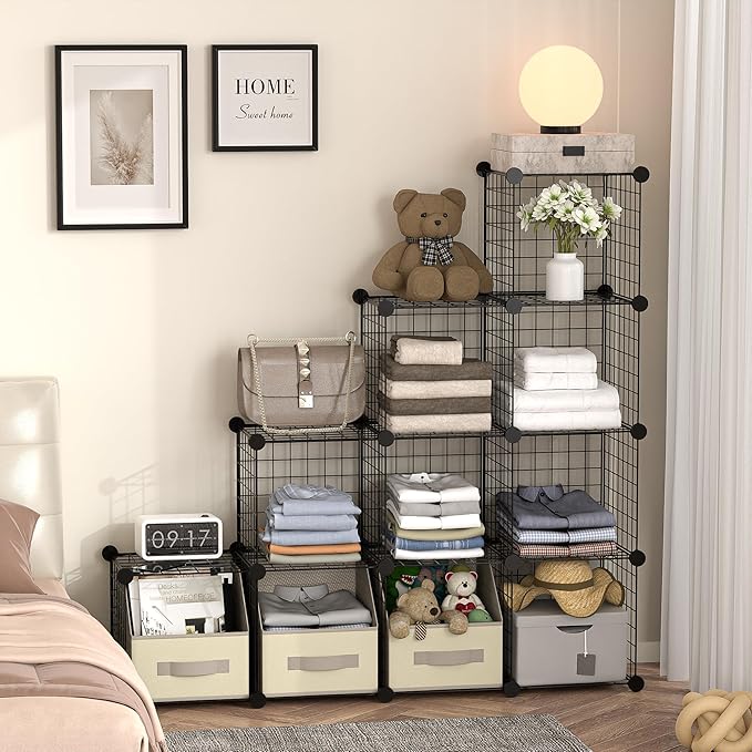 ZENY Cube Storage 12-Cube Metal Wire Storage Shelves Cube Closet Organizer Storage Bins DIY Storage Grids Modular Wire Cubes Bookshelf Bookcase for Home Office, Black