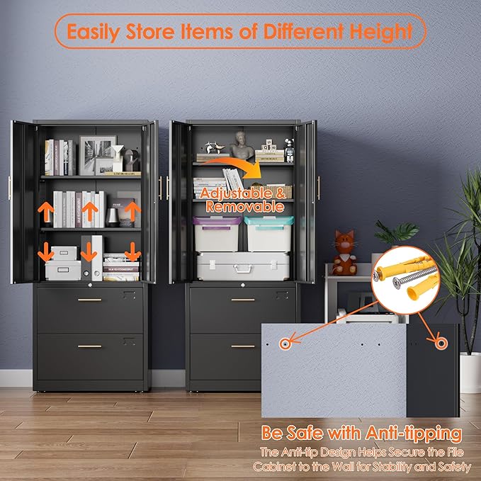 2 Drawer Lateral File Cabinet, Metal Storage Cabinet with Locking Drawers and Adjustable Shelves for Office, Home, School, Fit for A4/Letter/Legal File, Assemble Required