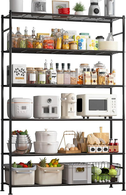 Storage Shelves - 6 Tier Shelf Organizer, Heavy Duty Garage Shelving Unit with Leveling Feet, Stable Metal Shelves Organizer for Pantry, Kitchen and Closet, 46.3" W x 12.6" D x 76.1" H, Black