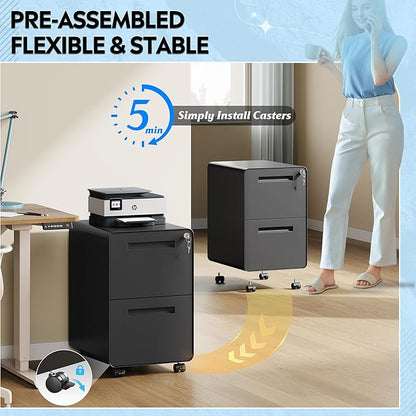 DEVAISE 2-Drawer Rounded Corner Metal File Cabinet with Lock, Mobile Filing Cabinet Under Desk for Home Office, Fully Assembled Printer Stand fits Letter/Legal Size, Black, 20" D x 15.8" W x 25" H