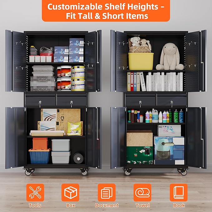 Garage Storage Cabinet with Wheels, 8 Hooks and Pegboards, 71" H 2 Drawer Rolling Metal Storage Cabinet with Locking Doors and 2 Adjustable Shelves for Garage, Warehouse, Black and Dark Gray
