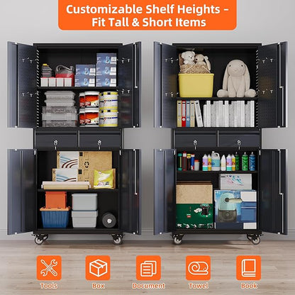Garage Storage Cabinet with Wheels, 8 Hooks and Pegboards, 71" H 2 Drawer Rolling Metal Storage Cabinet with Locking Doors and 2 Adjustable Shelves for Garage, Warehouse, Black and Dark Gray