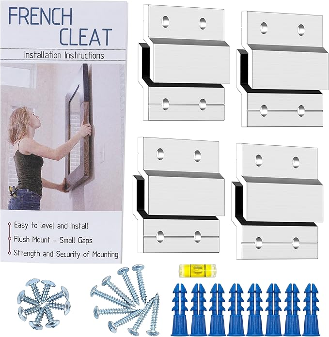French Cleat Hanger 2 Inch Heavy Duty- 4 Pack - Picture, Mirror, Whiteboard, Cabniet, Shelf, Pallet or Panel Interlocking Wall Mounting Bracket - Aluminum Z Bar Clip Hanger Supports 30 lbs