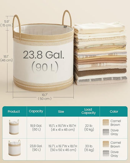 SONGMICS Laundry Hamper, Cotton Rope Laundry Basket with Handles, for Clothing, Living Room, Bedroom, 23.8 Gallons, 19.7 x 19.7 x 18.1 Inches, Cloud White and Camel Brown URLH090K01