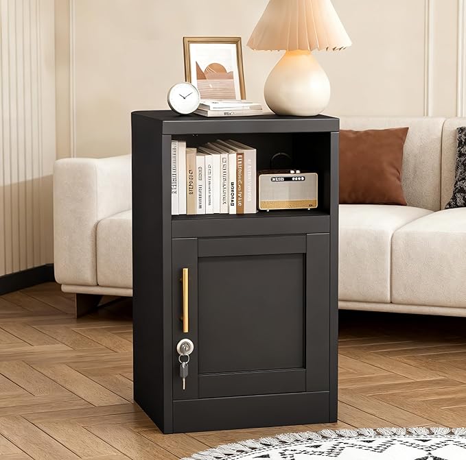 Tokawa Metal Black Locking Nightstand, 27.56" Locker with Magnetic Door and Adjustable Shelve, Small Locker Nightstand, Side Table Storage Cabinets for Bedroom, Living Room, Office