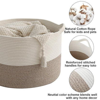 65L Large Blanket Basket,19.7" L x 19.7" W x 13" H Rope Woven Baskets with Handles, Toys Storage Bins,Laundry Basket Perfect for Living Room, Nursery,Bedroom,Home Organization,White&Brown