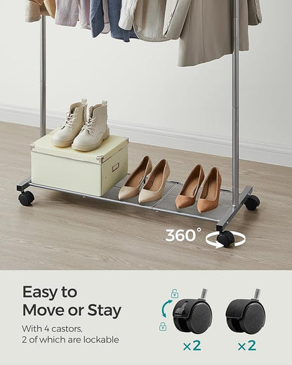 SONGMICS Clothes Rack with Wheels, Clothing Rack for Hanging Clothes, 25.4 mm Metal Garment Rack with Dense Mesh Storage Shelf, 110 lb Load Capacity, 2 Brakes, Gray UHSR025G01