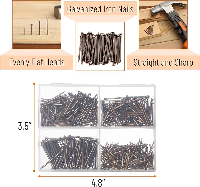 Mr. Pen- Nail Assortment Kit, 600 pcs, 4 Sizes, Bronze, Small Nails for Hanging Pictures, Finishing Nails