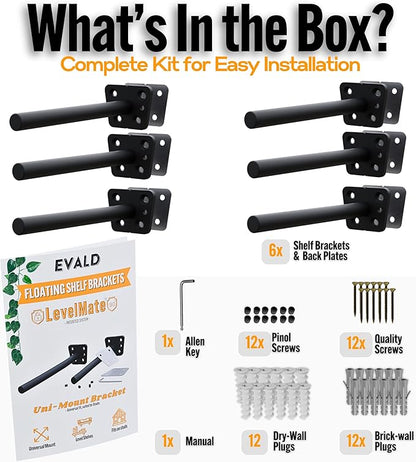 EVALD LevelMate™ 8-Inch Uni-Mount Floating Shelf Brackets | Hidden Black Carbon Steel Wall Supports for Wood Mantel, Kitchen Shelving, Bookshelves & Office Décor | Anti-Sag Pinol Screw System (6 Pack)