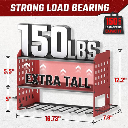 Power Tool Organizer, Heavy Duty Wall Mount Tool Organizer 3 Layers with 4 Drill Holders, Garage Tools Storage Rack with 2 Side Pegboards and Hooks for Workshop, Shed, Red