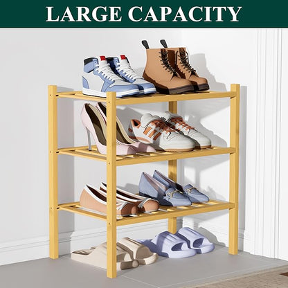 Smiry Bamboo Shoe Rack for Closet, 3 Tier Small Wooden Stackable Shoe Organizer, Free Standing Shoes Storage Shelf for Entryway, Front Door Entrance, Natural