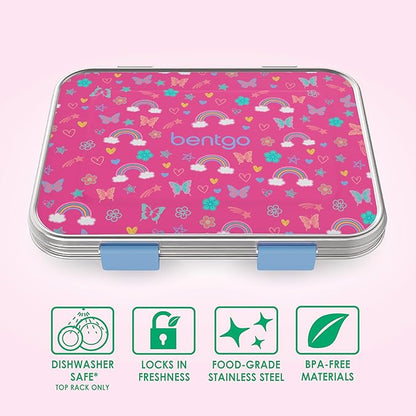 Bentgo Kids Stainless Steel Prints Leak-Resistant Lunch Box - 3-Compartments with Silicone Container, Durable, Eco-Friendly, Dishwasher Safe, BPA-Free, for School, Ages 3+ (Rainbows & Butterflies)