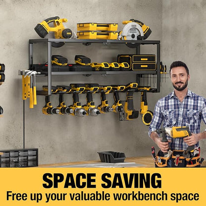 YYR Heavy Duty Power Tool Organizer with Charging Station, Cordless Drill Hanger Storage Rack, Battery Tools Holder Wall Mount Shelf for Garage - 32 Inch Equipped with Surge Protection Power Strip