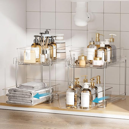 Vtopmart 8 Pack Bathroom Organizer, 2 Tier Clear Under Sink Organizers Vanity Countertop Storage Container,Cabinet Drawers Bins, Pull-Out Organization with Track for Pantry, Kitchen