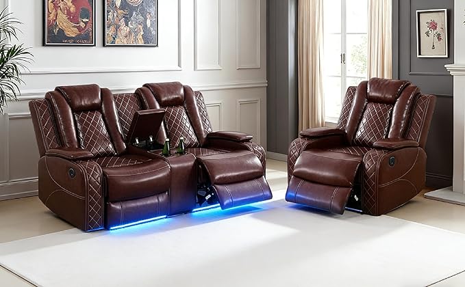 Living Room Furniture Sets,Power Reclining Couch Set for Living Room, Power Reclining Loveseat Recliner Chair with Drop Down Table LED Cupholders for Home and Office, Brown