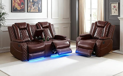 Living Room Furniture Sets,Power Reclining Couch Set for Living Room, Power Reclining Loveseat Recliner Chair with Drop Down Table LED Cupholders for Home and Office, Brown