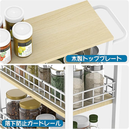 YBING Slim Storage Cart 4-Tier Rolling Kitchen Utility Cart White Narrow Laundry Storage Cart on Wheels and Wood Table Top Mobile Shelving Unit Organizer Trolley for Bathroom Small Space 7.3" W