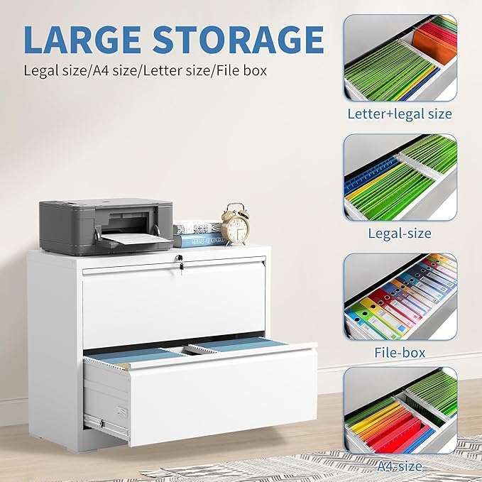 File Cabinets 2 Drawer,Metal Office Storage Filing Cabinet with Lock,White Lateral Filing Cabinet for Home Office,Horizontal Two Drawer File Cabinet for Legal/Letter/A4,Assembly Require,White