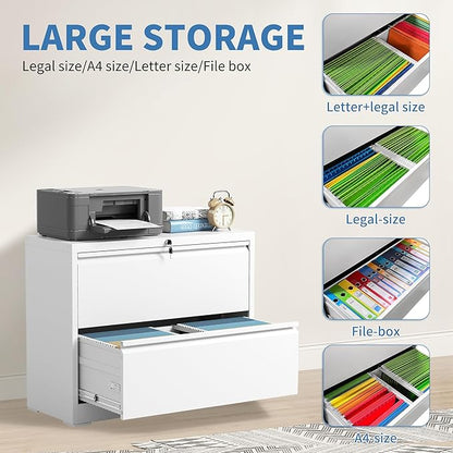 File Cabinets 2 Drawer,Metal Office Storage Filing Cabinet with Lock,White Lateral Filing Cabinet for Home Office,Horizontal Two Drawer File Cabinet for Legal/Letter/A4,Assembly Require,White