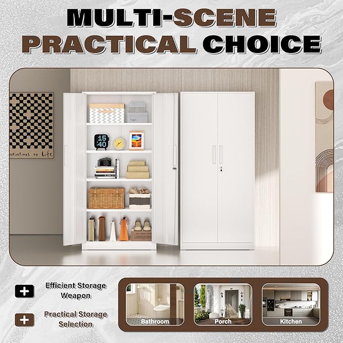 72” Metal Storage Cabinet, Lockable File Cabinets with 2 Doors and 4 Adjustable Shelves, Steel Tool Cabinets with Lock for Office, Home, Gym, White-Small