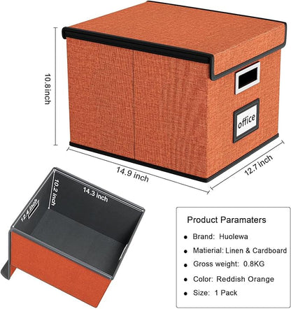 Huolewa File Organizer Box with Lid, Collapsible File Folder Organizer for Office Document Storage, Filing Box with Plastic Slide for Letter Size Hanging File Folders(1 Pack, Reddish Organge)