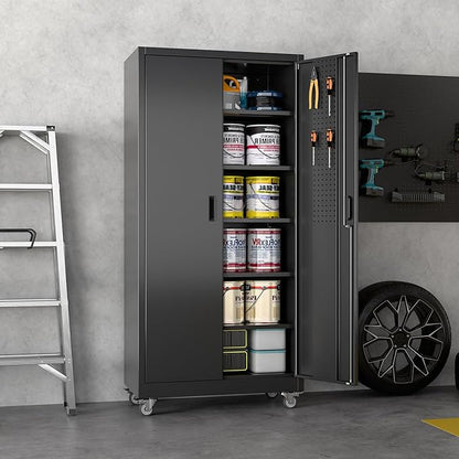 Garage Storage Cabinet with Wheels and Pegboard, Lockable Metal Storage Cabinet with 5 Adjustable Shelves and 4 Hooks for Garage,Warehouse, Assembly Required, Black, 71" H x 34" W x 18" D